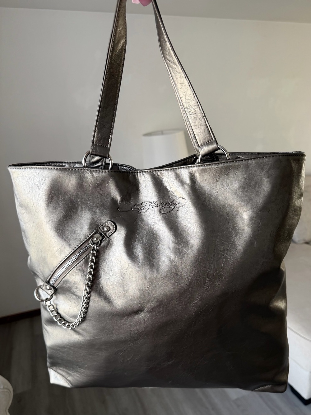 Y2K Vintage Ed Hardy Metallic Silver Tote with Chain Zipper Accent